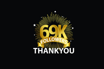 Naklejka premium 69K,69000 Followers anniversary, minimalist logo years, jubilee, greeting card. invitation. Sign Ribbon Gold space vector illustration on black background - Vector