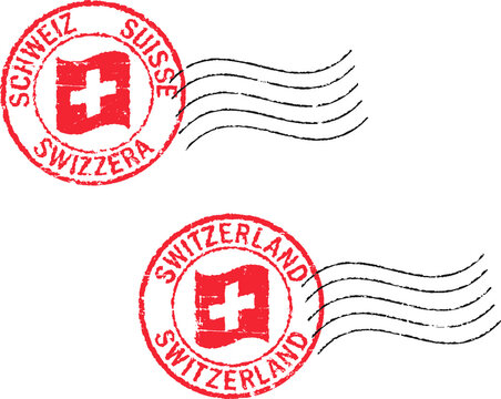 Two grunge  postal stamps 'Switzerland'. German, italian,french and english inscription.
