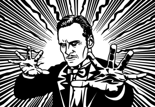 Magician drawing in black and whie