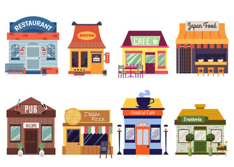 Set of restaurant and cafe building facades flat vector illustration isolated.