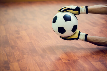 Ball in hands of futsal goalkeeper on wooden futsal floor. Indoor soccer sports hall. Football...