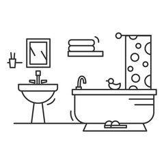 Bathroom icon. Linear pictogram of comfortable bathroom with bathtub, sink, shower, curtain towels and rubber duck. House design and modern home bath room interior illustration. Editable stroke vector