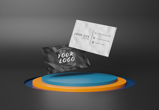 Floating Business Cards on Stage Podium Mockup