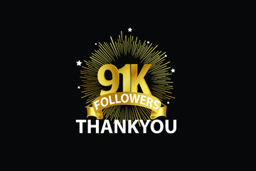 Naklejka premium 91k,91.000 Followers anniversary, minimalist logo years, jubilee, greeting card. invitation. Sign Ribbon Gold space vector illustration on black background - Vector