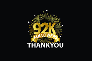 92k,92.000 Followers anniversary, minimalist logo years, jubilee, greeting card. invitation. Sign Ribbon Gold space vector illustration on black background - Vector