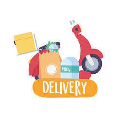 covid-19 coronavirus pandemic, delivery service, motorcycle and grocery bag full food