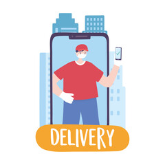 covid-19 coronavirus pandemic, delivery service, delivery man with mobile, wear protective medical mask