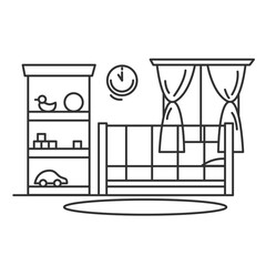 Nursery icon. Children room with crib bed, toys, carpet, shelf and window. Concept linear pictogram for modern house interior design and lifestyles. Editable stroke vector illustration.