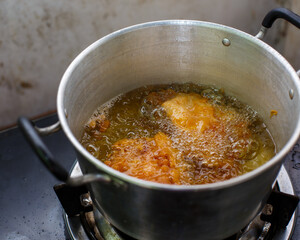 Deep fried pork with hot oil in pot,Fritter