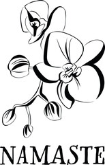 Black and white blossom artwork, dynamic vector illustration with-namaste-lettering, isolated on white background, set icon