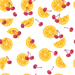 Seamless pattern of orange citrus fruit halved and sliced with red cherries berry flat vector illustration on white background