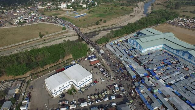 Crowd at Dajabon market in Dominican Republic. Aerial shot