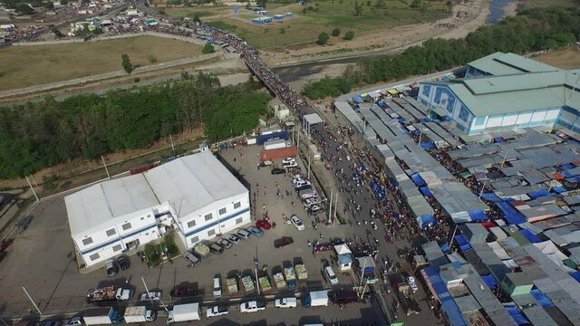 Aerial view of multitude of people at Dajabon market. Dominican Republic
