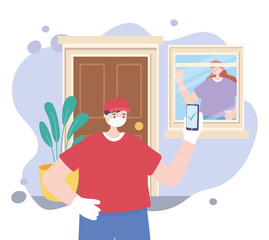 covid-19 coronavirus pandemic, delivery service, delivery man with smartphone and customer in home, wear protective medical mask
