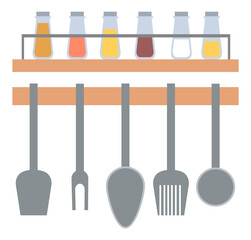 Kitchenware hanging on wall, spoon and fork, spatula cooking metal equipments, set of seasoning in glass, spice rack on shelf, silverware sign vector