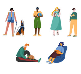 A set of animals and their owners. People with different Pets. Flat-style illustration.