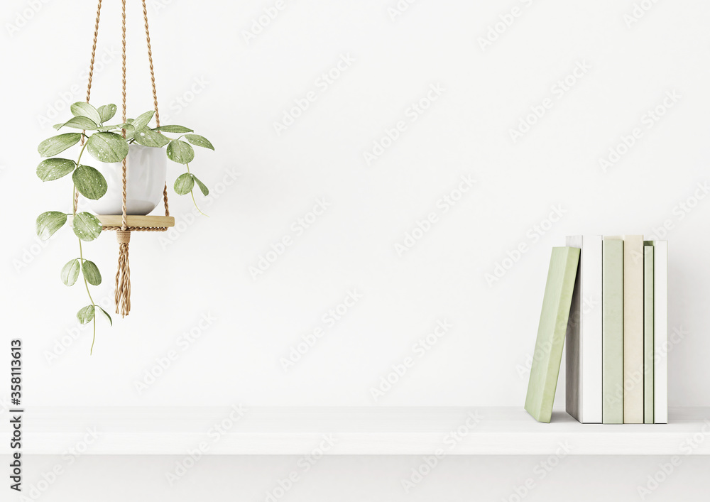 Poster interior wall mockup with green plant in hanging pot and books on the shelf on empty white backgroun
