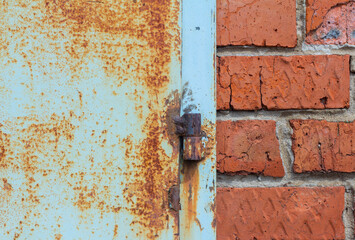 A rusty metal door on a brick wall.