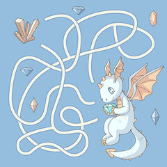 Labyrinth. Maze game for kids. Help cartoon dragon find path to his treasure (big crystal). Light blue and yellow pastel colors. Vector illustration.
