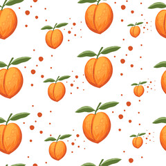 Seamless pattern of whole peaches with green leaves flat vector illustration on white background
