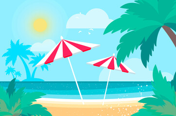 Fototapeta na wymiar Parasols under the palm tree on Seashore. Time to travel. Tropical summer holidays. Seaside landscape. Flat.