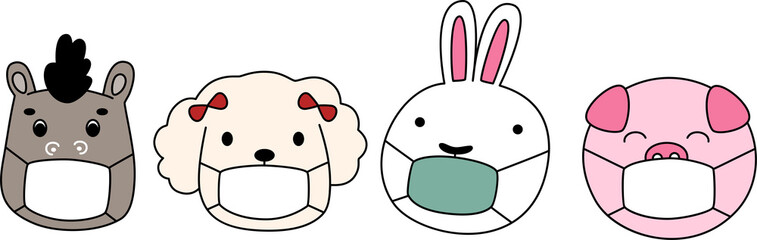 Cartoon cute head animals with mask for baby set. Donkey, dog, puddle, bunny, rabbit, pig.
Simple cute hand draw line vector and minimal icons flat style Character illustration.
