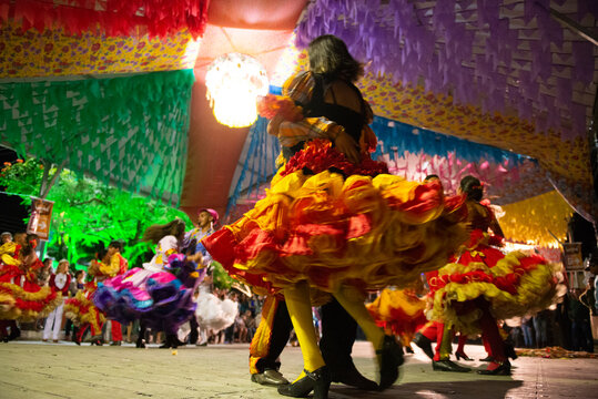 Traditional quadrilha dance in the street during the June festivities in Bananeiras, Paraiba, Brazil on June 23, 2015.
