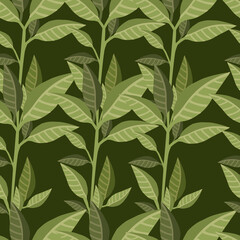 Seamless pattern of green leaves flat vector illustration on dark green background