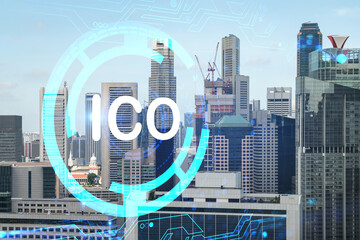 ICO icon hologram over panorama city view of Singapore, the hub of blockchain projects in Asia. The concept of initial coin offering. Double exposure.