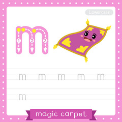 Letter M lowercase tracing practice worksheet of Magic Carpet