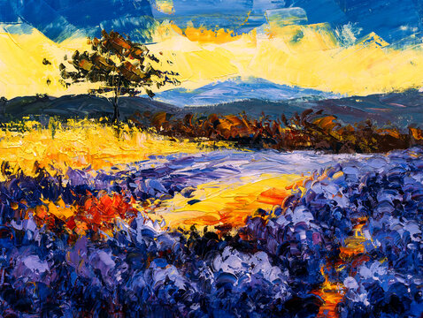 Oil Painting - Lavender Field at Provence, France