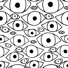 Vector seamless cartoon pattern of hand-drawn lined eyes on white background. Black and white design. The design is perfect for fashion textiles, surreal backgrounds, packaging, surface, sheets.