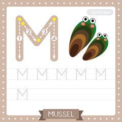 Letter M uppercase tracing practice worksheet of Mussel