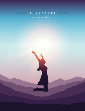 happy jumping girl on mountain landscape at beautiful sunset vector illustration EPS10