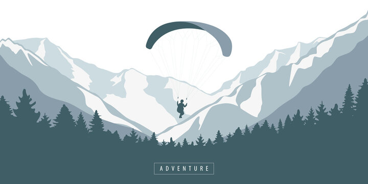 paragliding in snowy mountain and forest outdoor adventure vector illustration EPS10