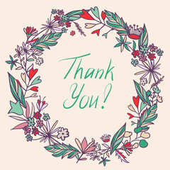 Isolated vector design. Colorful floral Thank You card with garland of wildflowers. The design is perfect for cards, invitations, postcards, envelopes, decorations, borders, covers, brochures