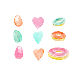 Set of hand drawn watercolor eggs, hearts,donuts isolated on white background.