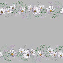Vector floral horizontal border with white cosmos flower and green leaves on gray background. Design for your wedding, birthday, saving the date card, greeting card decoration.