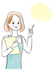 エプロンを着た笑顔のかわいい女性が説明している様子/パステル画/手描き