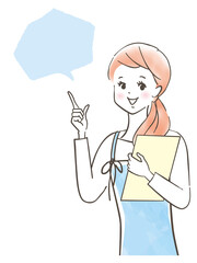 エプロンを着た笑顔のかわいい女性が説明している様子/パステル画/手描き