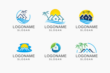 home realty with line, sun, coconut tree, palm , beach, and roof represented fun, unique and relax realty vector logo design