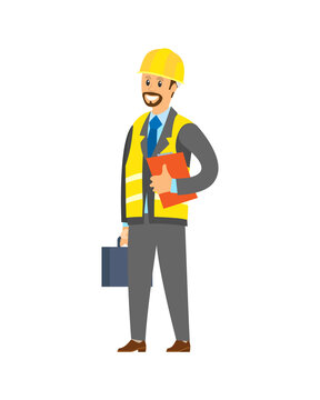 Businessman or contractor holding paper report and handbag, smiling manager or engineer wearing helmet and vest, building industry, worker vector