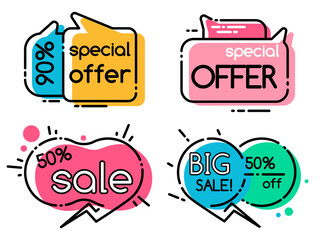 Set of special offers, discounts and sales of shops and stores. Isolated collection of linear stickers for labels. Shopping season reductions of price and lowering of cost. Marketing flyers vector