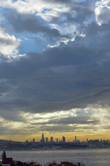 Sunset over the city, view of the Borfort and residential areas of the city