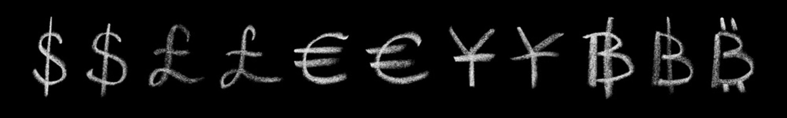 Handwritten symbols of dollar, euro, yen, pound and bitcoin in chalk on a blackboard. Currency icons isolated on black background. © Andrey_Maksimov