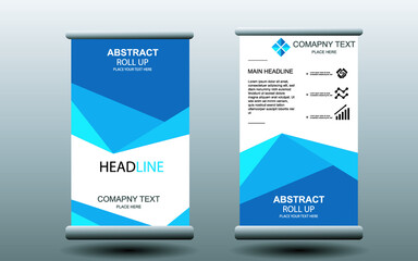 Blue roll up business banner design vertical template vector, cover presentation abstract geometric background, modern publication display and flag-banner, layout in rectangle.