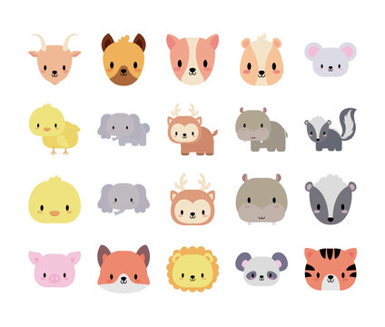 set of icons animals baby kawaii, flat style icon