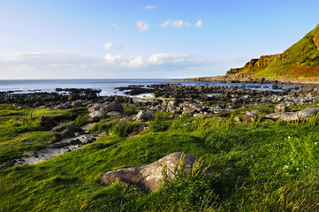 Fototapeta na wymiar Magnifique vue sur des falaises vertes et verdoyantes contrastant avec le bleu du ciel et de la mer, au soleil couchant, en Irlande du nord.