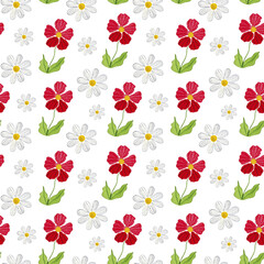 Seamless pattern with red and white flowers, floral backup with hand painted watercolor illustration on white background