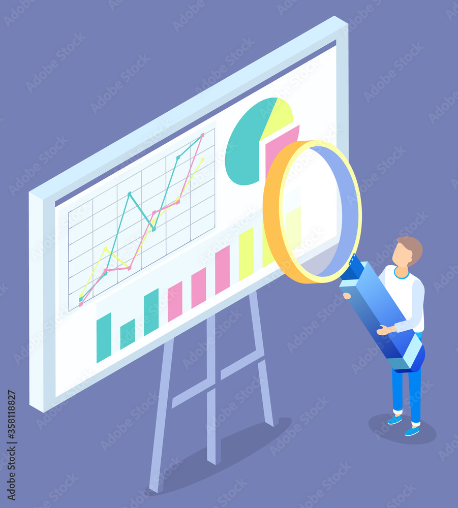 Poster man stand near statistics chart on board and look on it through magnifying glass. data graph with di